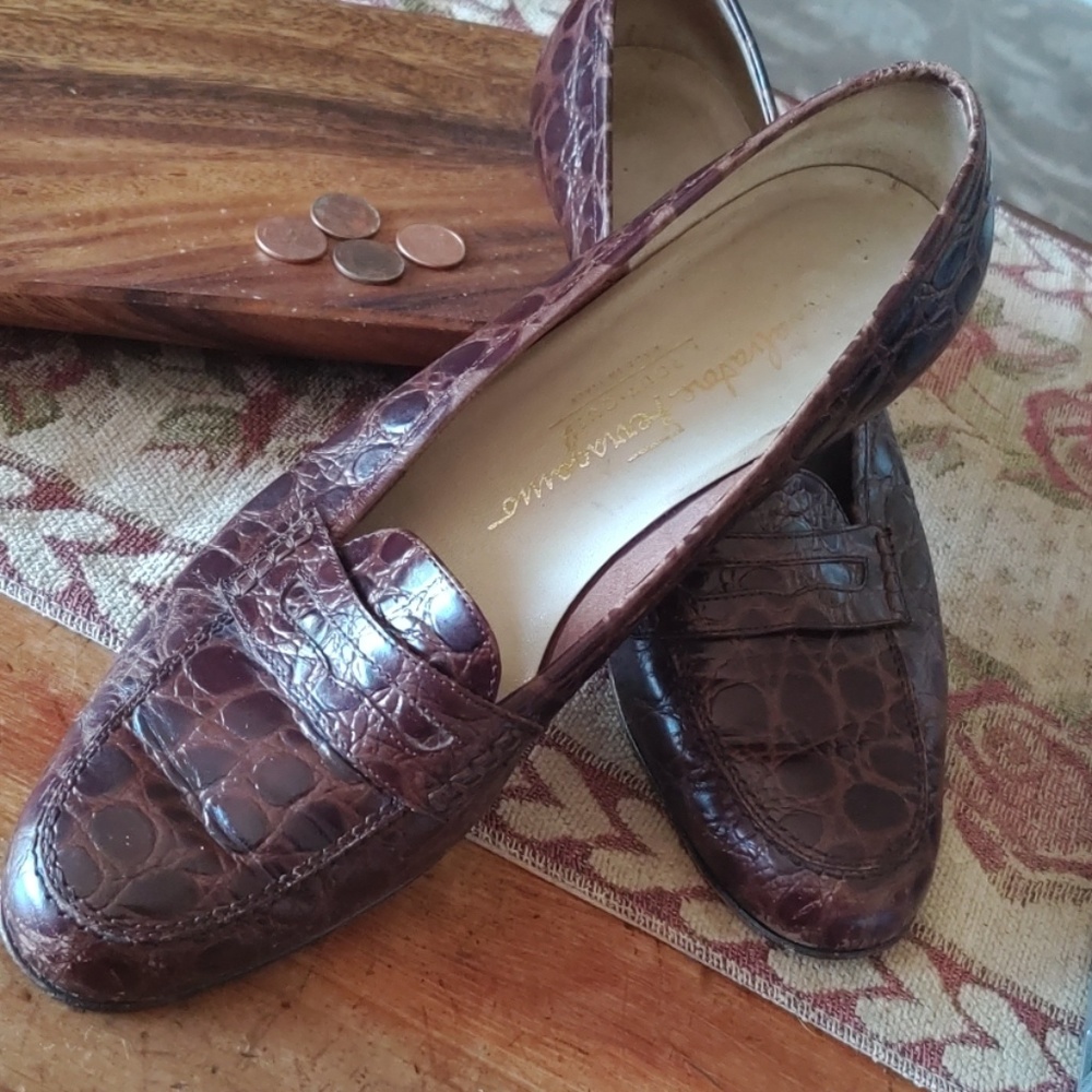 Salvatore Ferragamo Brown Croc Penny Loafers